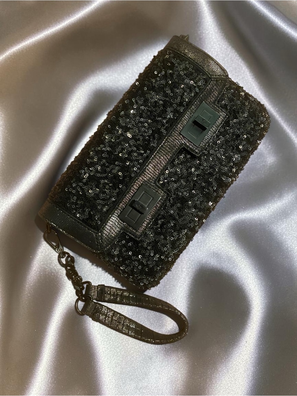 Vera Wang Black Sequin Wristlet Clutch with Textured Trim